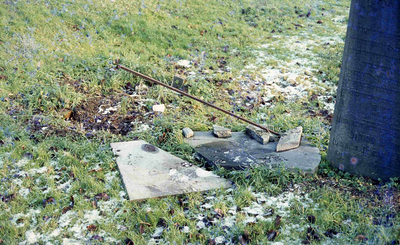 DIA15367 Gebroken grafsteen op de Joodse begraafplaats (1781) langs de Spuikade; 29 oktober 1983