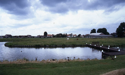 DIA39037 Het dorp Simonshaven, gezien vanaf de Schuddebeursedijk, loopbrug over de Bernisse; 1993