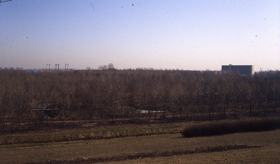 DIA44215 Het Hartelpark, met op de achtergrond de Spijkenisserbrug; Februari 1983