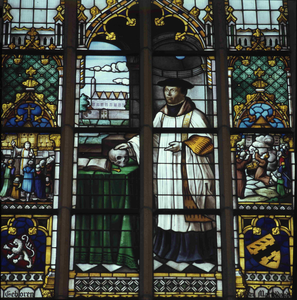 DIA_GF_1189 Detail van het glas in loodraam met de verbeeltenis van Angelus Merula in de St. Catharijnekerk; ca. 1970