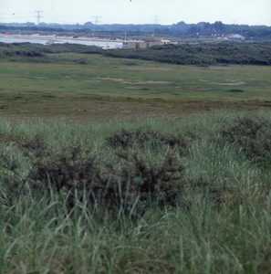DIA_GF_1542 Zicht vanaf de Brielse Gatdam naar het strand bij Oostvoorne; 11 juli 1985