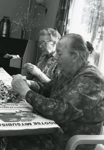 BR_ASYLPLEIN_GASTHUIS_035 Bewoners van het Gast- en Proveniershuis: mw. Borkent en Jans Kramer maken spruiten schoon; 1983