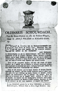 BR_DERIK_WATERSCHAP_217 Afdruk van het koperen wapenplaatje van de St. Annapolder op een bekendmaking (1765); 1987