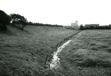 BR_OOSTERLANDSEDIJK_003 Kijkje op de Catharijnekerk en de boerderij van H. Mol, gezien vanaf de Oosterlandsedijk; ca. 1960