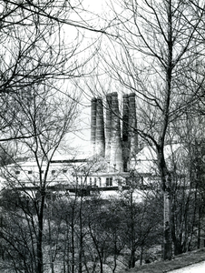 BR_SLAGVELD_KALKFABRIEK_026 De schoorstenen van de Kalkfabriek gezien door de bomen op de wallen. Het gebouw links van ...