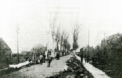 NH_INUNDATIE_011 Impressie van de Rijksstraatweg na de inundatie: het rooien van bomen. Links de boerderij van Swemle; 1945
