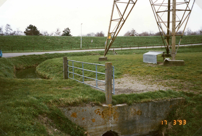 OV_HEINDIJK_50 Elektriciteitsmast in weiland. Op de voorgrond een heul; 17 maart 1993