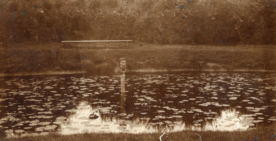RO_RONDEWEIWEG_15 Vijver in het Rondeweibos met in het midden het beeld het zogeheten Vissenhoofd; ca. 1930