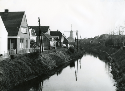 SP_MOLENLAAN_007 De Vierambachtenboezem en de woningen langs de Molenlaan. Molen Nooitgedacht op de achtergrond; 1961