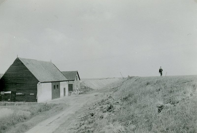 ZL_DIJKVERSTERKING_14 Kijkje op de Zeedijk. De boerderij van Nobel tussen de Schoutsweg en de Koekendorpsweg; 1957