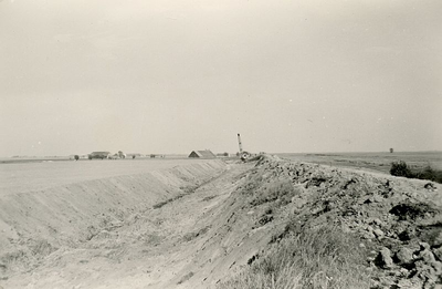 ZL_DIJKVERSTERKING_23 Kijkje op de Zeedijk, richting de Schoutsweg. Op de achtergrond de boerderij van Oosthoek; 1957