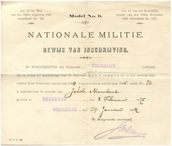 NLJ005 Jakob Nieuwland (1875-1962), Nationale Militie, bewijs van inschrijving voor de lichting van het jaar 1895, ...