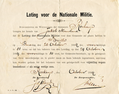 NLJ006 Jakob Nieuwland (1875-1962), Oproep voor loting voor de Nationale Militie te Brielle; Oktober 1894