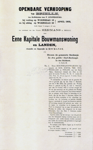 NLK005 Barijntje Kome (1858-1934). Aankondiging openbare verkoping van een bouwmanswoning en landen door notaris ...