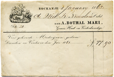 NLP020 Rekening d.d. 1 januari 1862 van de genees-, heel-, en verloskundige A. Bothal Mari te Rockanje voor de wed. K. ...