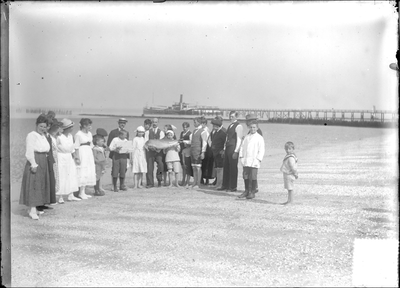GN2226 Badgasten op het strand, met op de achtergrond de steiger. Een kind houdt een bruinvis vast; ca. 1915