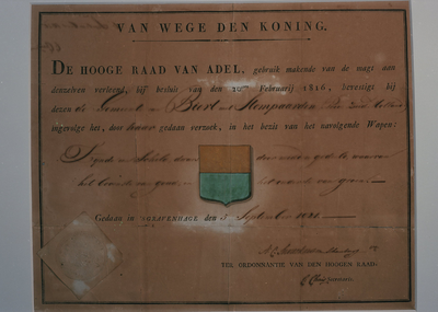 B0014 Gemeentewapen, zoals door de Hoge Raad van Adel toegekend aan Biert met Stompaard; 5 september 1821