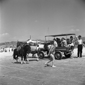 C1268 Badgasten vermaken zich op het strand met een paard en wagen; 10 augustus 1959