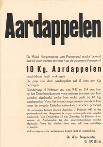 NL-PmWA-150226_05 Pamflet uit de Tweede Wereldoorlog over voedseldistributie: 10 KG aardappelen voor iederen inwonder ...