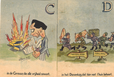 NL-PmWA-150226_08 Twee pagina's uit het boekje Het ABC van het Naziregiem [1945] met spotprenten getekend door Herman ...