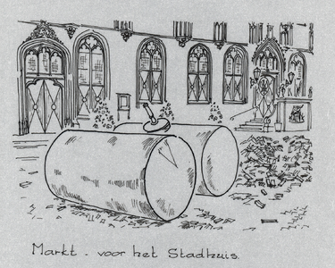 1030-71 Twee oude olietanks op de Markt voor het stadhuis te Middelburg