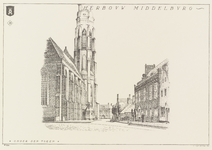 117-14 Herbouw Middelburg. Onder den Toren. Gezicht op het hofje Onder de Toren, met Nieuwe kerk te Middelburg