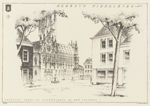 117-2 Herbouw Middelburg Gezicht vanaf de Bodenplaats op het Stadhuis. Het stadhuis aan de Markt te Middelburg, vanuit ...