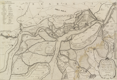 155 Tabula Castelli ad Sandflitam. Kaart van de aanslag van Spinola op Zuid-Beveland vanuit de schans te Zandvliet op ...