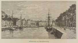 157 Wharves at Middleburg. Gezicht op de Rotterdamse kaai te Middelburg met haven en Spijkerbrug, vanaf de Bellinkbrug