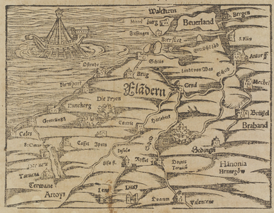 166 Kaart van Vlaanderen rond 1300.Uit Duitse uitgave: Das Ander Buch, hoofdst. 69 (von dem Landt Flandern), p. 166 ...