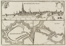 169 Middelbvrgo Middelburgo Goes. Gezicht op de stad Middelburg, van de havenzijde, met linksonder plattegrond van ...