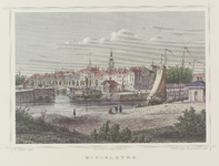 174-II Middelburg. Gezicht op de Rouaansekaai en Dwarskaai te Middelburg, met haven, stoomraderboot en Spijkerbrug, van ...