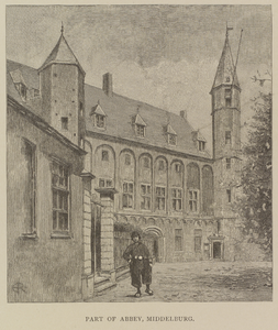 176 Part of Abbey, Middelburg. Gezicht op een deel van de gebouwen aan het Abdijplein te Middelburg, met op de ...