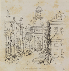 179 134. Middelbourg: le Dome. Gezicht door de Breestraat op de Oostkerk te Middelburg