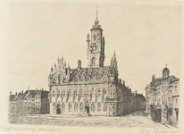 208 Middelburg. Stadhuis. Gezicht op het stadhuis met aangrenzende panden aan de Grote Markt te Middelburg en delen van ...