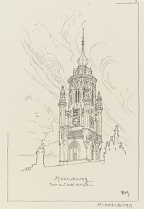 264 Middelbourg Tour de l' hotel-de-ville. De toren van het stadhuis aan de Grote Markt te Middelburg.Uit een Franse ...