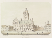 277 Middelburg Het Stadhuis. Gezicht op het stadhuis met aangrenzende panden aan de Grote Markt te Middelburg, met op ...