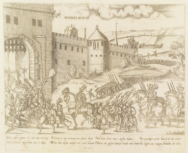 281 Middelbvrch. Intocht van de troepen van de Prins van Oranje in Middelburg, met onder 4 x 2 versregels (Duits) en ...