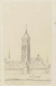 283 Abdijtoren aan de Landzijde anno 1400. Gezicht op de Abdijtoren te Middelburg, vanaf de landzijde