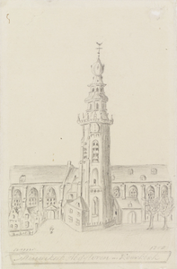 284 Nieuwekerk Abdijtoren en Koorkerk anno 1700. Gezicht op de Nieuwe kerk, Koorkerk en Abdijtoren te Middelburg