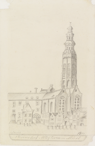 285 Nieuwekerk, Abdijtoren en Munt anno 1800. Gezicht op de Nieuwe kerk met Abdijtoren en Munt te Middelburg met de ...
