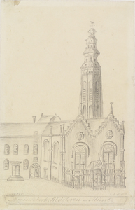 286 Nieuwekerk, Abdijtoren en Munt anno 1800. Gezicht op de Nieuwe kerk met Abdijtoren en Munt te Middelburg