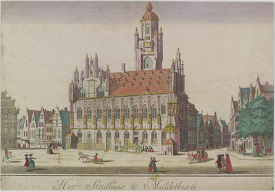 294 Het Stadhuis te Middelburg. Gezicht op het stadhuis aan de Grote Markt te Middelburg, en aangrenzende panden, met ...