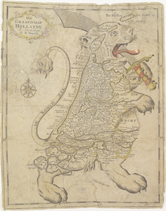 320 Het Graafschap Hollandt. Kaart van Holland in de vorm van een leeuw, met een zwaard