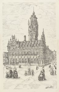 337 Gezicht op de Grote Markt te Middelburg met stadhuis en personen in klederdracht