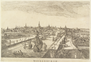 341 Middleburgh. Gezicht op de stad Middelburg van de zijde van de haven, met op de voorgrond een man en vrouw en een ...