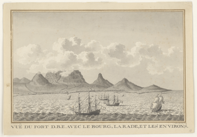 354 Gezicht op het fort van de Verenigde Oost-Indische Compagnie met de nederzetting en met schepen voor de rede bij ...