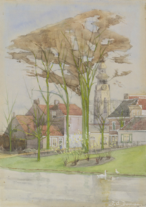 364 Gezicht op huizen aan de vest, met op de achtergrond de Abdijtoren te Middelburg, vanaf de Seissingel