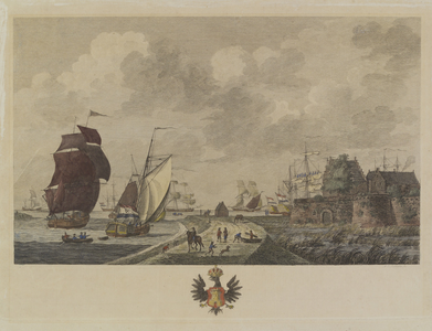 367 Gezicht op de rede en het fort van Rammekens te Ritthem, met schepen op de voorgrond en personen op de dijk, en ...