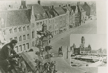 A-702 Gezicht op de markt vanaf het stadhuis te Middelburg. Inzet: het door oorlogsgeweld verwoest stadhuis aan de ...